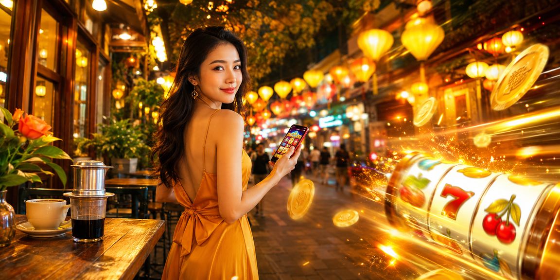 Người dùng Hà Nội ngồi cà phê chơi slot game và liên hệ hỗ trợ